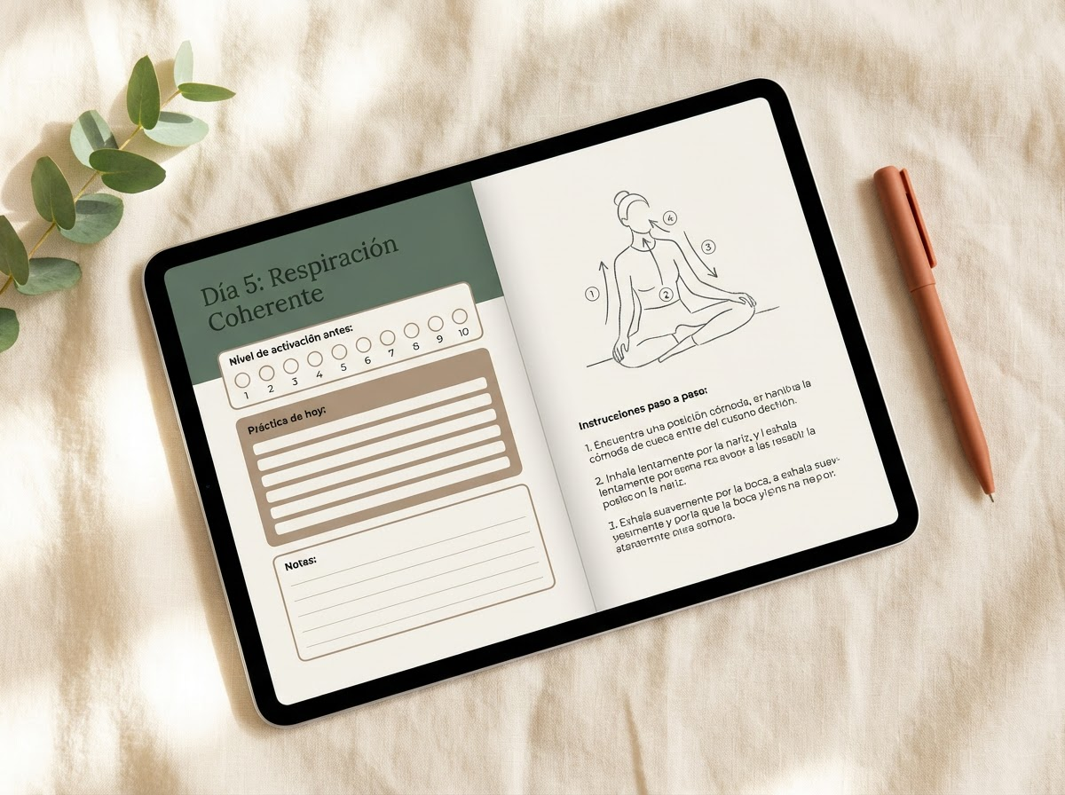 Página de rastreo diario con ejercicio de respiración coherente